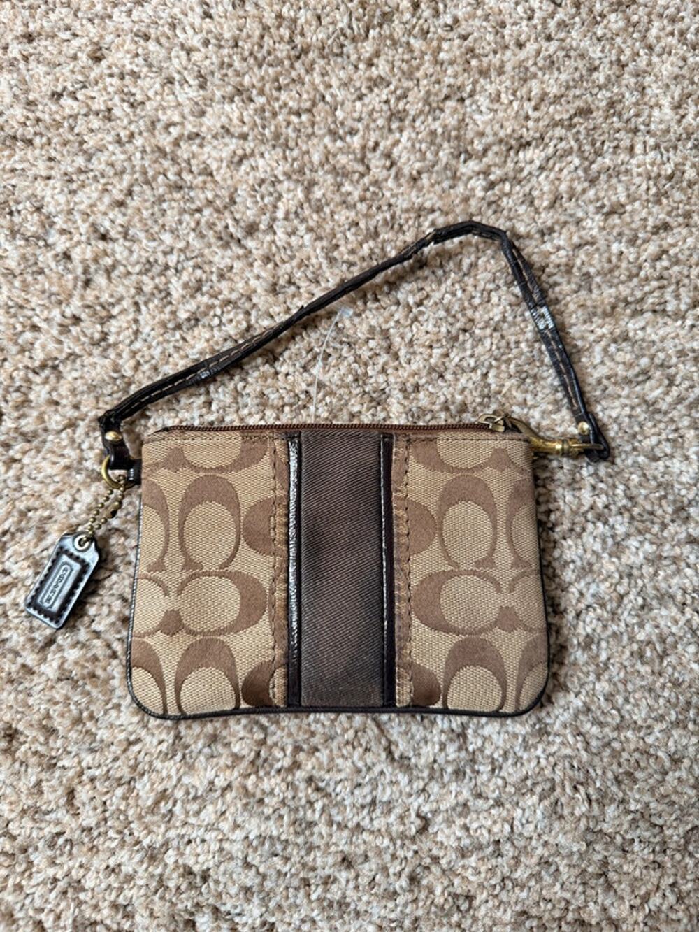 Coach Signature Jacquard Wristlet – Tan/Brown Monogram with Leather Trim